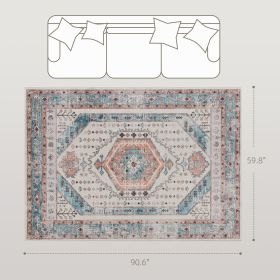 5x7 Area Rug, Vintage Machine Washable Rug, Non-Slip Floor Carpet For Living Room, Bedroom, Dining Room, Brown And Blue