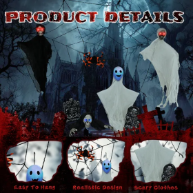 Outdoor Halloween Decorations 8-Piece Set, Hanging Ghosts Decor And Cobweb And Gravestone With Lighted Up Eyes, Scary Swinging Ghost Flying For Yard P