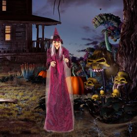 71" Life Size Hanging Talking Witch Halloween Decoration with Glowing Eyes, Creepy Voice & Hanging Loop, Durable Fabric