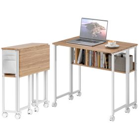 cFolding Computer Desk, Foldable Desk With Storage Bag, Shelf And Wheels For Small Spaces, Home Office, Natural Wood