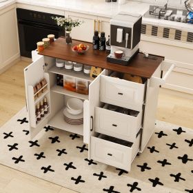 White Kitchen Island Cart with Foldable Tabletop & Drop Leaf - Mobile Breakfast Bar on Wheels with Wood Top and Storage