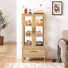 Curio Cabinet Lighted Glass Cabinet Glass Wine Cabinet Curio Display Cabinet with Adjustable Glass Shelves 2 Doors and 1 drawer Cabinet Sideboard With