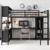 Metal Loft Bed with Wardrobe And L-shaped Desk, Queen Size Loft Bed with Storage Cubes and Shelves, Heavy Duty Loft Bed for Kids Teens Adults, Black