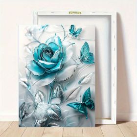 Elegant Turquoise Blue Crystal Rose & Teal Butterflies Canvas Wall Art With Wooden Frame - Classic Decorative Poster For Living Room, Bedroom, Home Of (Option: 24X16inch)