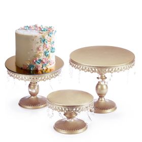 3Pcs Antique Cake Stand Set - Round Metal Cupcake Stands With Pendants And Beads - Elegant Dessert Display, For For Wedding, Birthday Party Decor-It I (Option: Champagne color)
