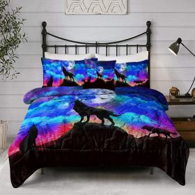 Galaxy Comforter Set Men 3D Wolf Bed Comforter Set 4 Piece Wolves Howling Bedding For Boys Retro Oil Painting Design Purple Blue And Black Bedding Set (Option: King-Black)