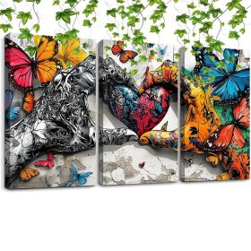 Framed 3pcs Graffiti Holding Hands Love Heart Canvas Wall Art Fashion Love Poster Painting Prints For Home Dining Room Living Room Wall Decor Art (Option: 16X12inch)