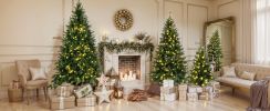 8FT, 6FT, 4FT Pre-Lit Green Pine Artificial Christmas Tree, Set of 3 Hinged Xmas Trees with 820 Warm-Yellow LED Lights and 2539 Branch Tips