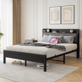 Queen Size Bed Frame, Storage Headboard With Charging Station, Solid And Stable, No Box Spring Needed, Easy Assembly (Color: black)
