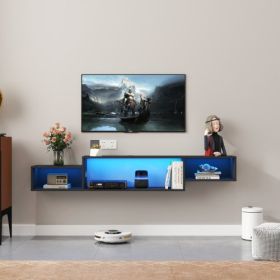65.35in Wall Mounted Floating TV Stand With 20 Color LEDs And Charging Station (Color: black)