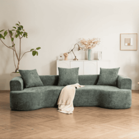 Modern Style Curved Sofa, Soft Corduroy Sofa With 3 Pillows, Living Room Milky White Ultra Smooth Curved Fabric Sofa (Color: Green)