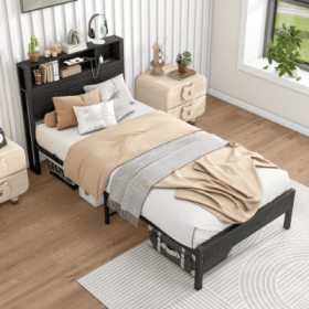 Twin Size Bed Frame With Storage Headboard, Metal Platform Bed With Charging Station, Bookcase Storage, No Box Spring Needed, Easy Assembly, Blac (Color: black)