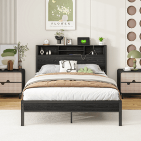 Full Size Bed Frame With Storage Headboard, Metal Platform Bed With Charging Station, Bookcase Storage, No Box Spring Needed, Easy Assembly, Nois (Color: black)